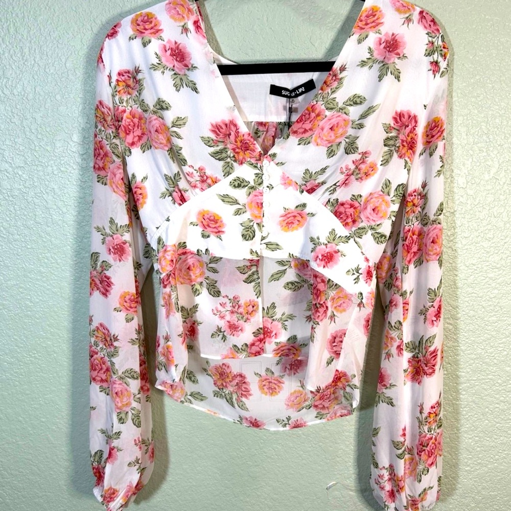 NWT Sugar Lips White Sheer Cropped Long Sleeve High Low Blouse Size Medium